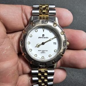 Pierre Cardin Silver Gold Tone Quartz Date Just Dial Mens Watch Working (31761)